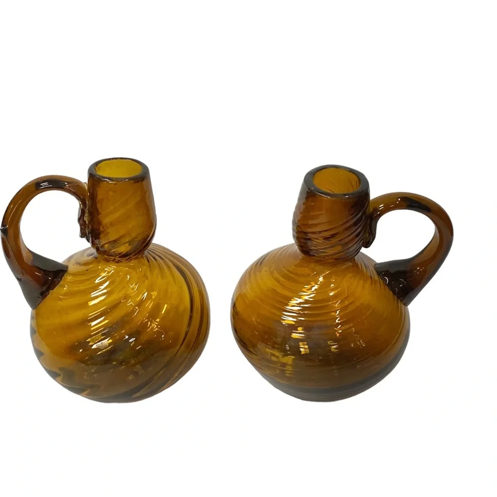 Set of 2 Vintage Root Beer Amber Swirled Glass Vase w/ applied handle